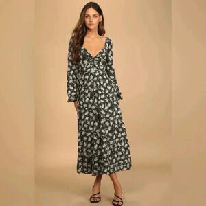 Lulu's Found Your Bliss Black Print Long Sleeve Lace-Up‎ Midi Dress Size Small